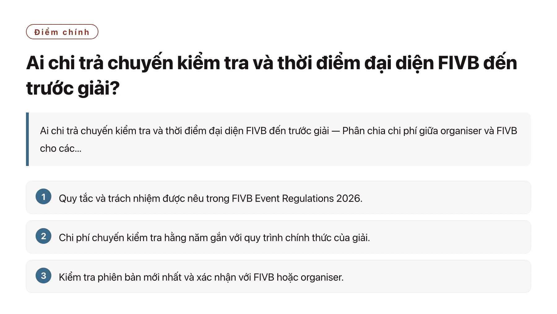 Ai chi trả chuyến kiểm tra và thời điểm đại diện FIVB đến trước giải?——全文要点速览
