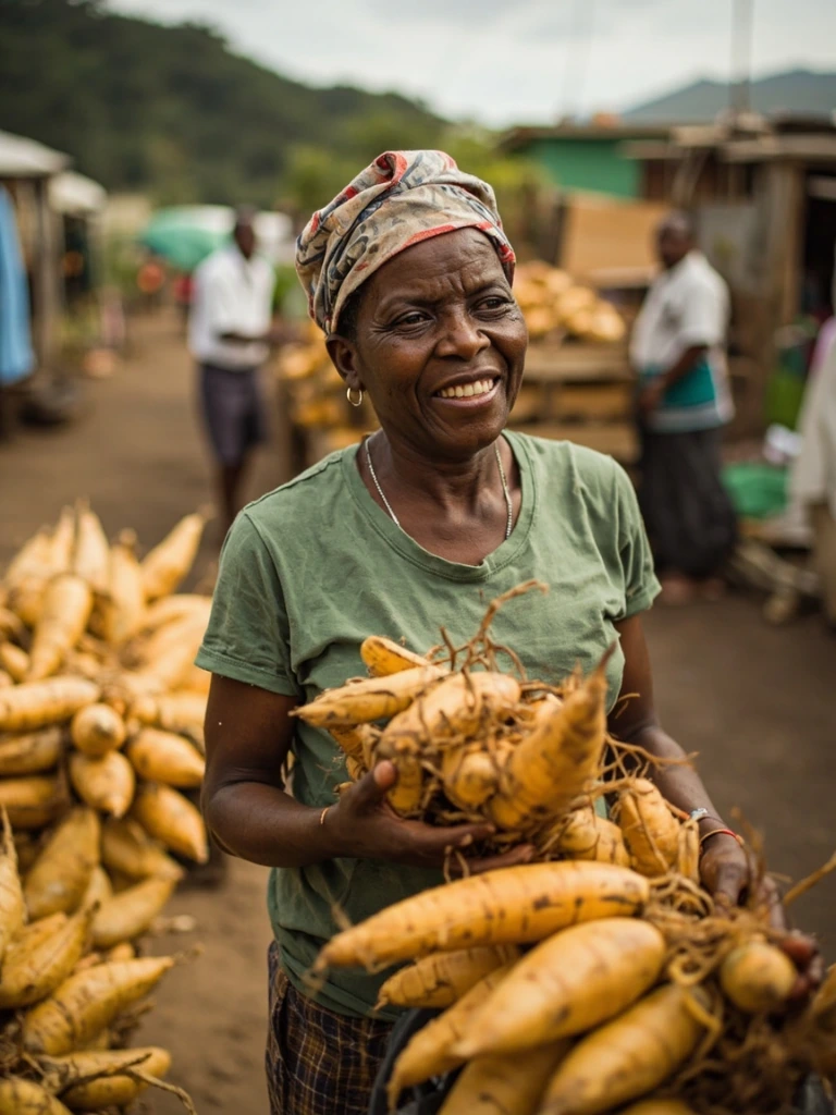 A yam grower from St. Ann stands at the Mandeville collection hub with freshly delivered yellow yams.