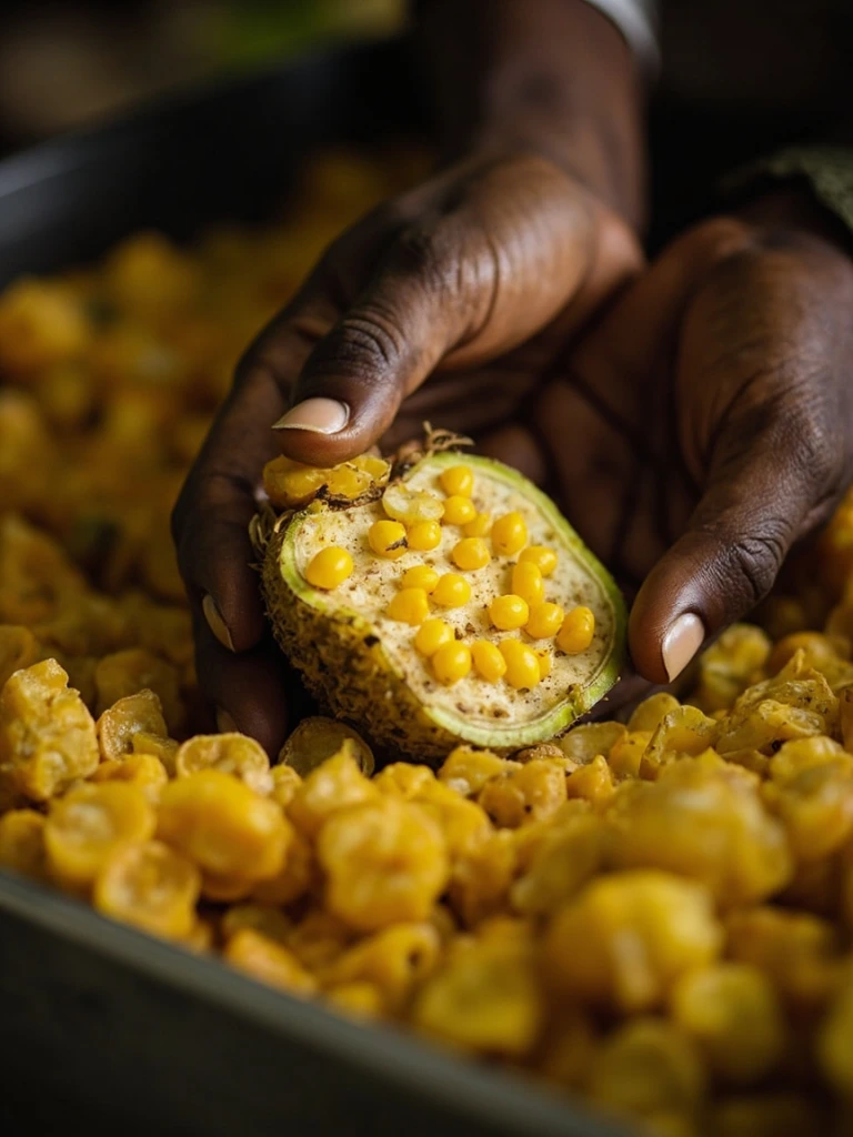 Ripe ackee fruits split open on a sorting table at a St. Elizabeth packing house.