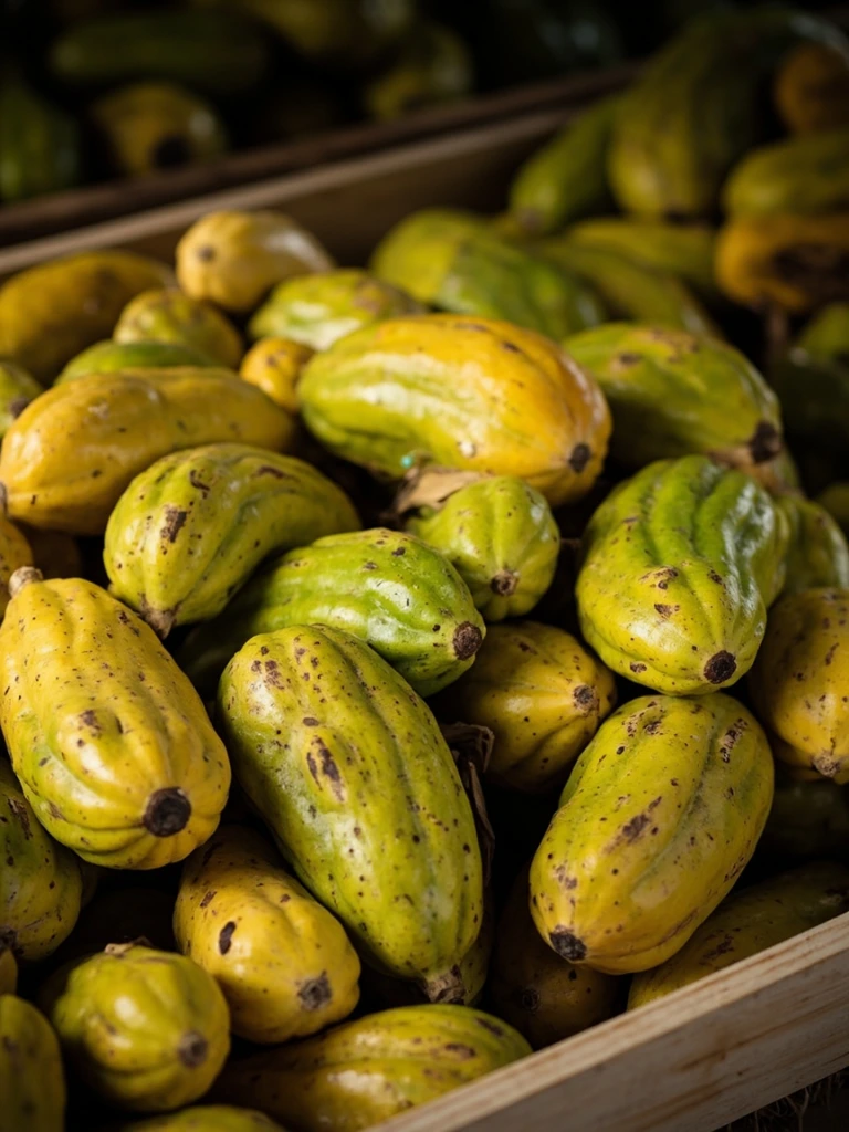 Green breadfruits stacked in a crate at the Portland collection hub.