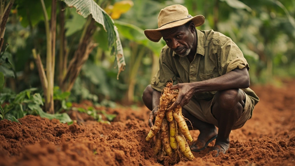 A yam farmer in St. Ann kneels beside freshly harvested yellow yams in red-earth soil